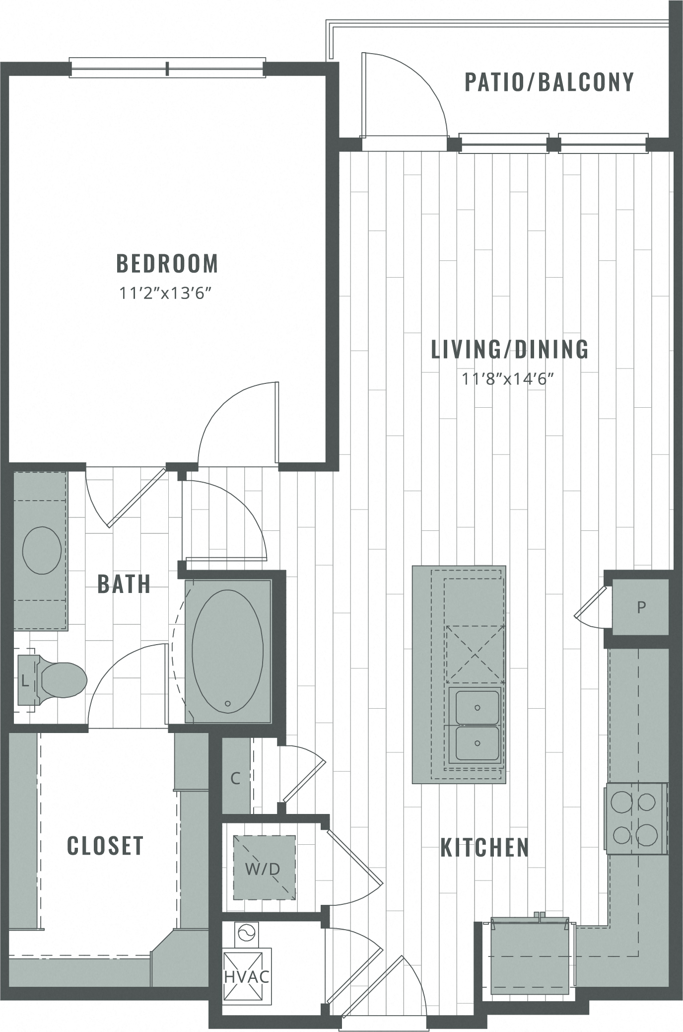 Floor plan for 1 bed, 1 bath, 771 sqft